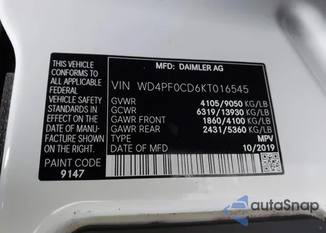 2019 Mercedes-Benz Sprinter 2500 Standard Roof V6 from USA, damaged, VIN WD4PF0CD6KT016545